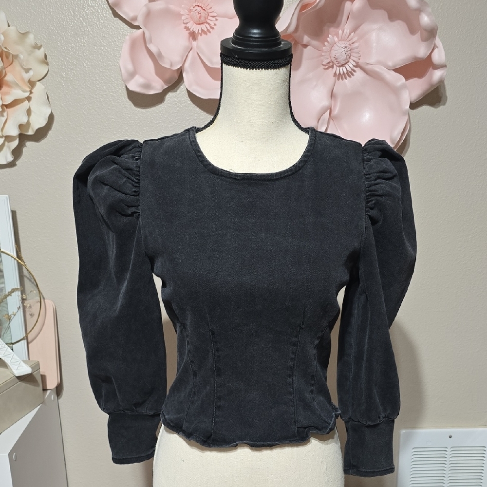 Forever 21 Charcoal Puff Sleeve Blouse